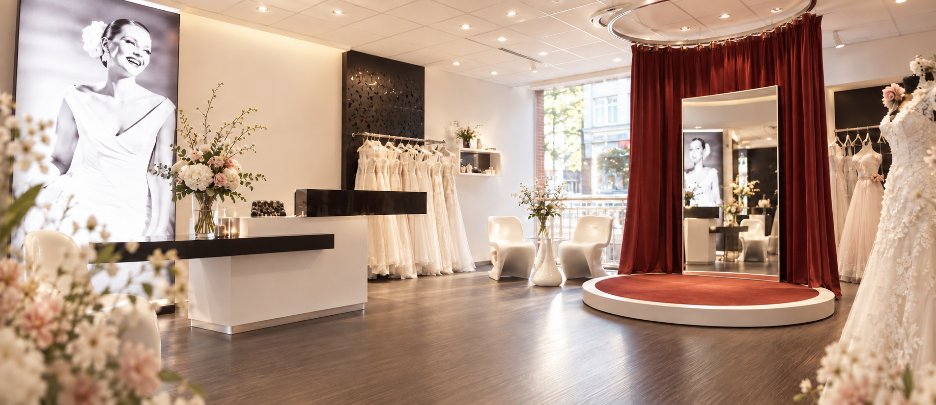 Verkaufsraum von Cinderella Brautmode in Köln mit Empfangsbereich, Spiegeln und Brautkleidern