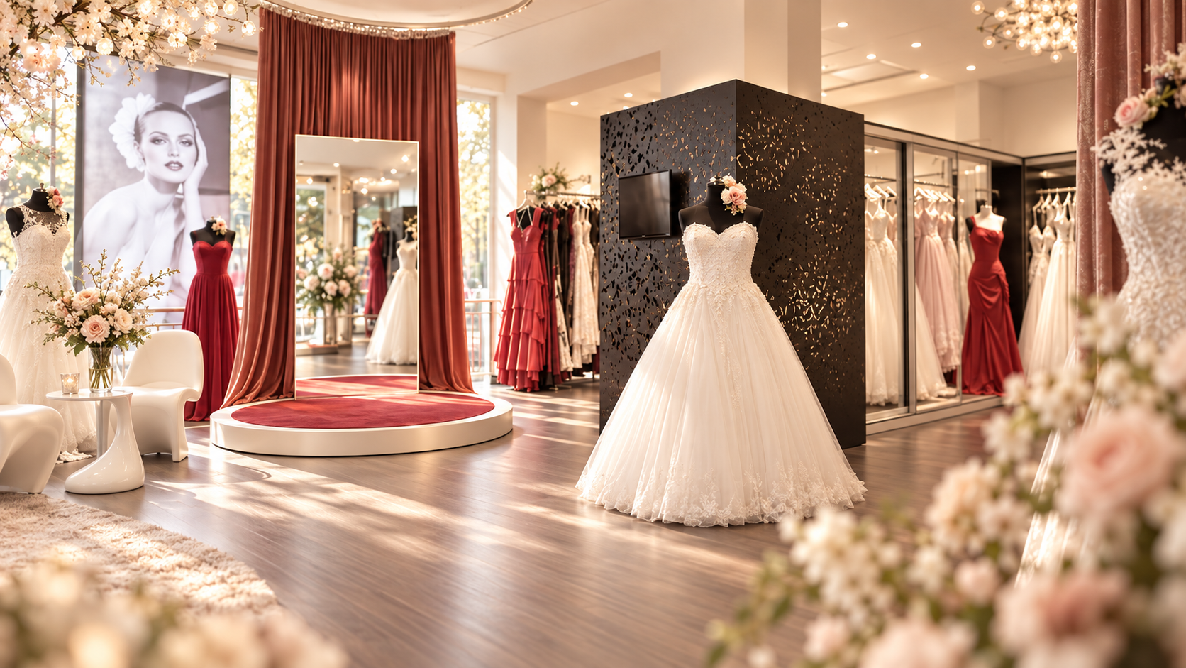 Brautkleider im Verkaufsraum von Cinderella Brautmode mit großem Spiegelbereich