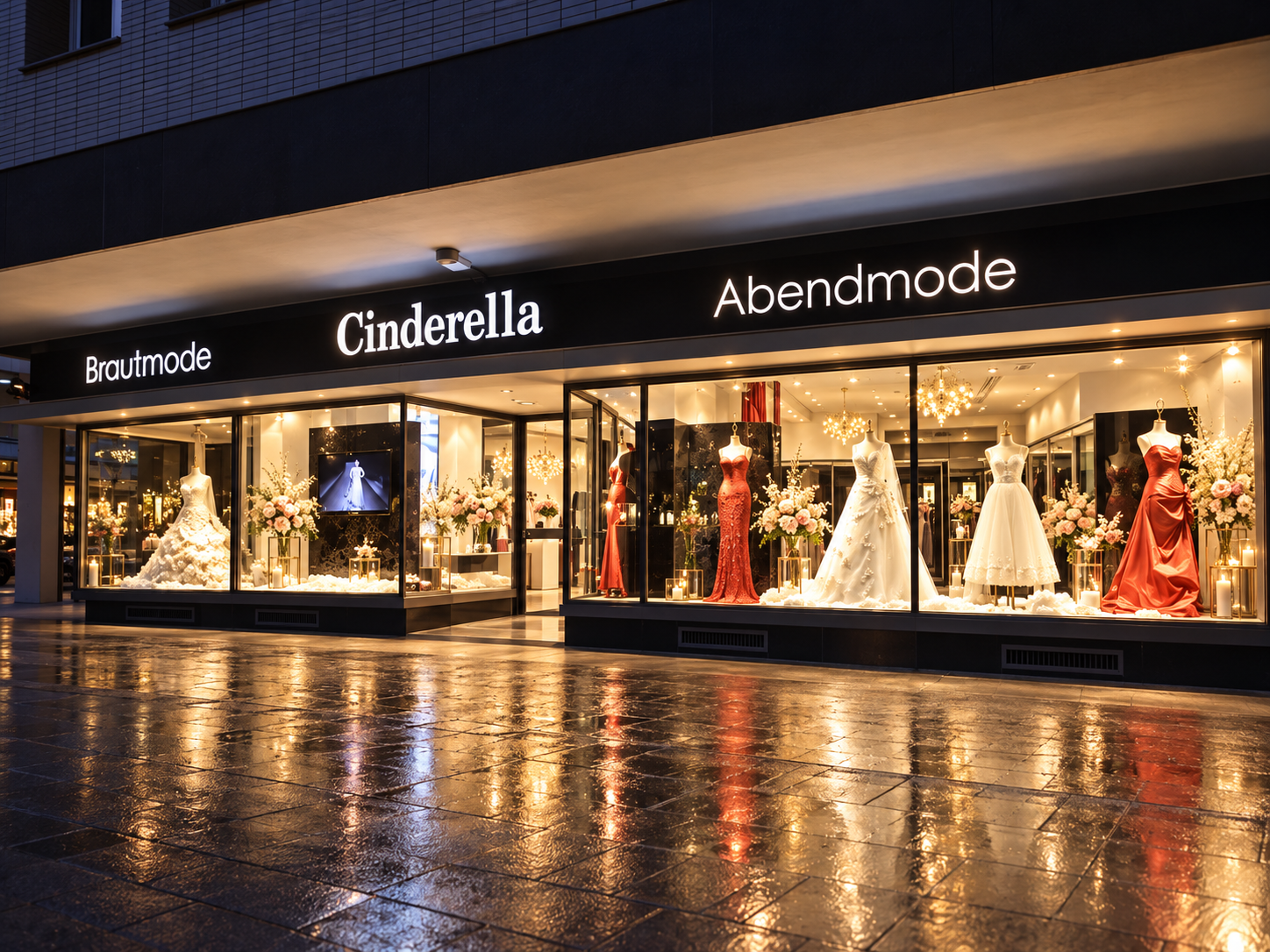 Außenansicht von Cinderella Brautmode und Abendmode in Köln am Abend