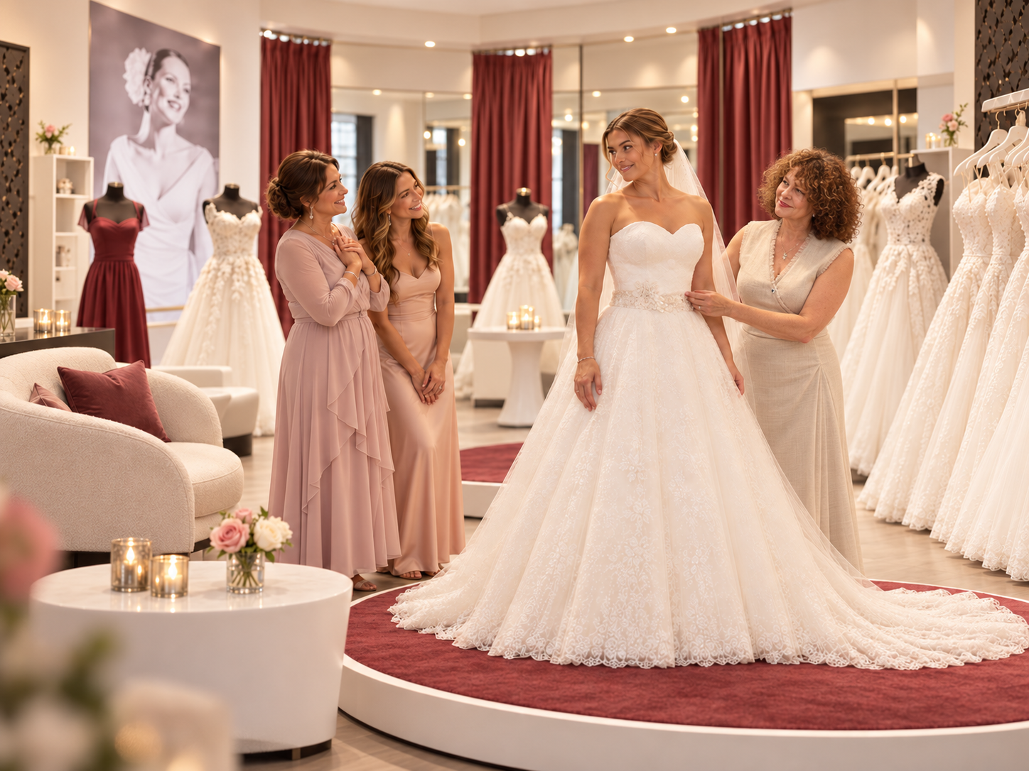 Braut im Brautkleid auf einem Podest während der Beratung mit ihren Begleiterinnen