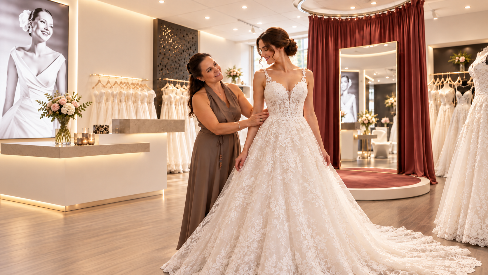 Stylistin berät eine Braut bei der Anprobe eines Brautkleids bei Cinderella