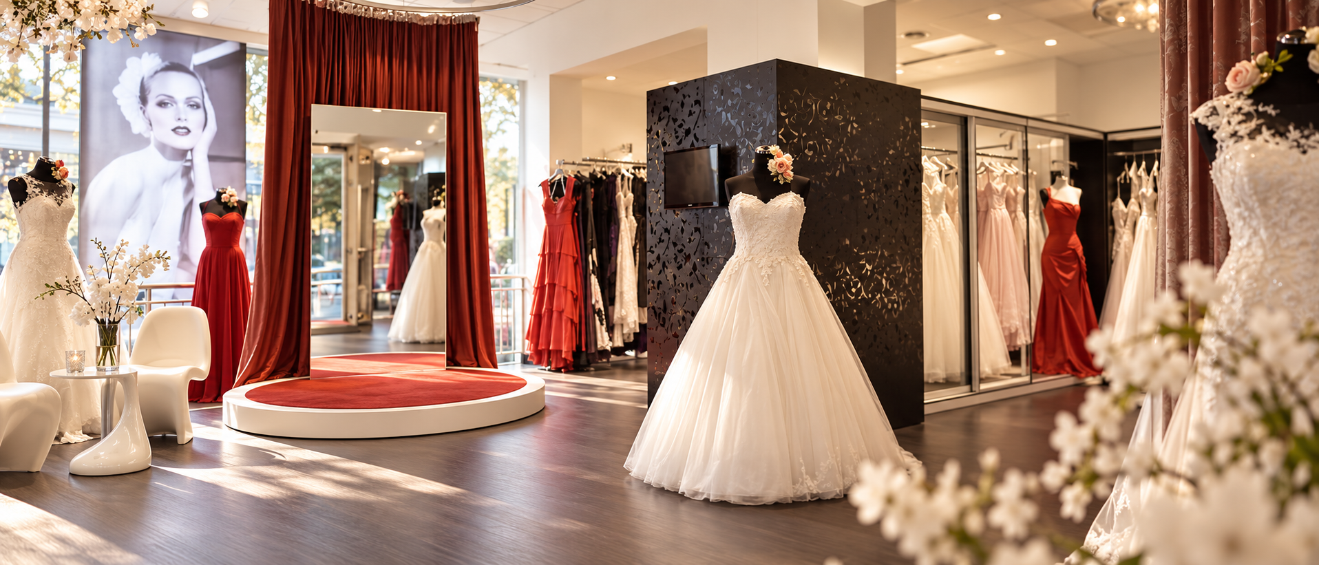 Brautkleider und Anprobebereich im Geschäft von Cinderella Brautmode in Köln