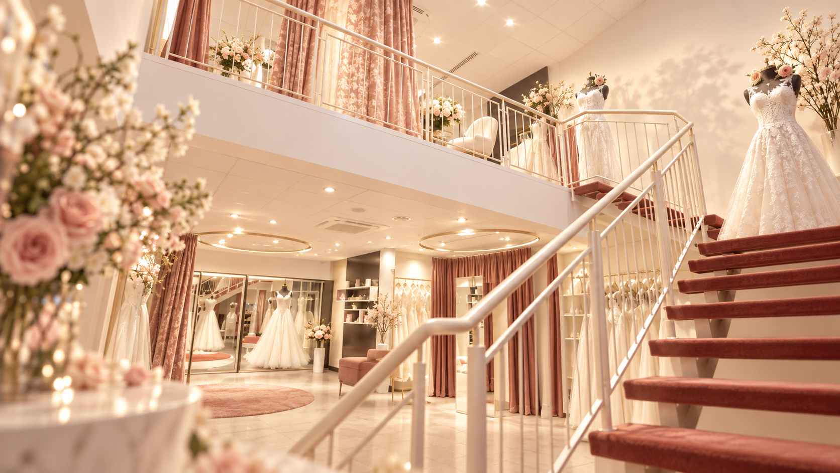 Eleganter Innenraum mit Treppe und Galerie bei Cinderella Brautmode in Köln